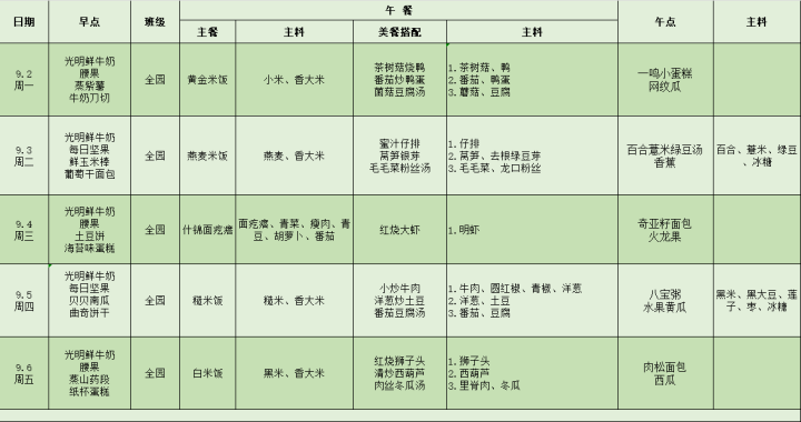 天元公学西站校区幼儿园每周食谱